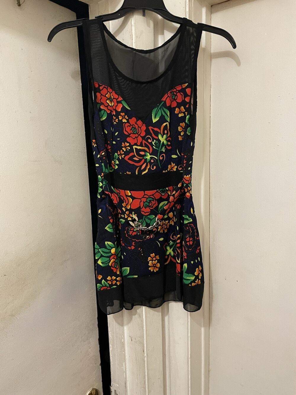 Women’s Floral Mesh Overlay Sleeveless Mini Dress Black Multicolor Size XL